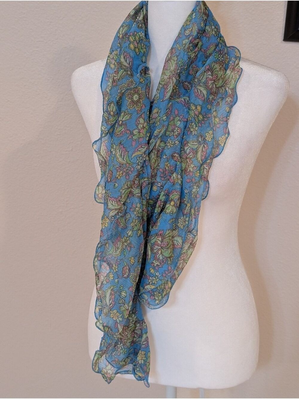 Chaps Lightweight Blue Floral Scarf for Women , Double Layered, Ruffled.